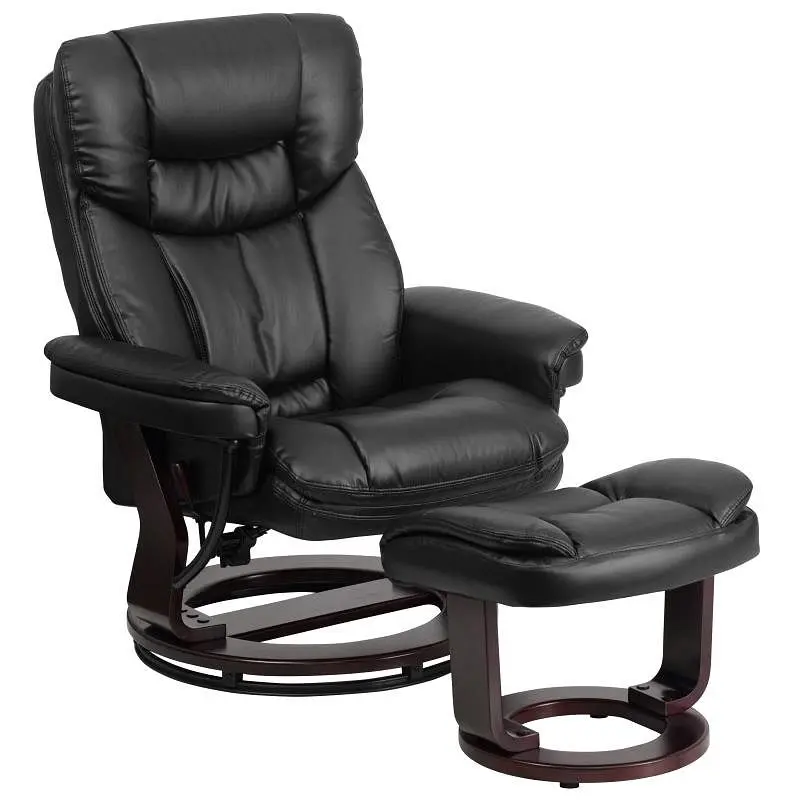 Flash Safe Furniture Allie Contemporary Multi-Position Recliner and Curved Ottoman Swivel Mahogany Wood Base Black Leather...