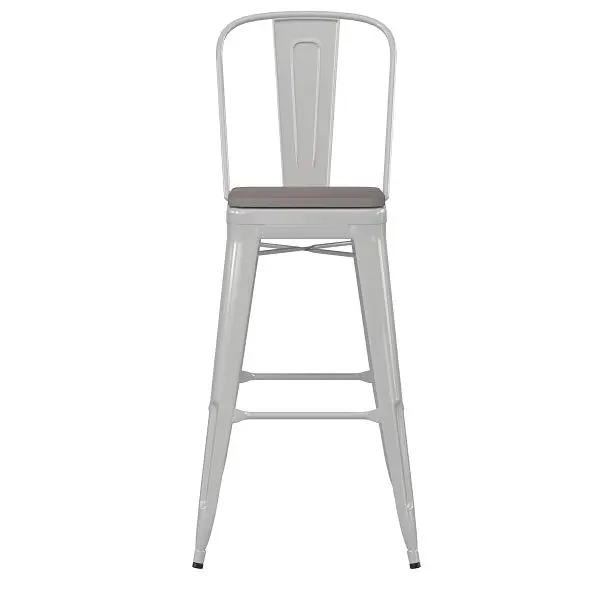 Flash Safety Furniture Kai Commercial 30" White Metal Indoor-Outdoor Bar Height Stool, Removable Back, Gray Poly Resi...