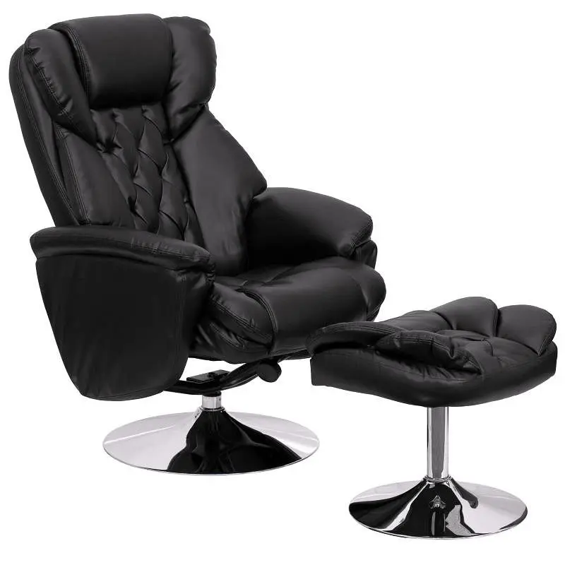 Flash Small Furniture Wills Transitional Multi-Position Recliner and Ottoman Chrome-Plated Base Black LeatherSoft, BT-7807...