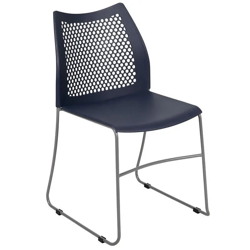Flash Solid Furniture HERCULES Series 661 lb. Capacity Navy Stack Chair Air-Vent Back and Gray Powder Coated Sled Base, RU...