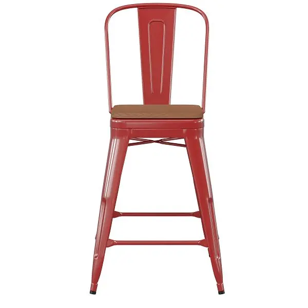 Flash Super-Strong Furniture Kai Commercial 24" High Red Metal Indoor-Outdoor Counter Height Stool, Removable Back, T...