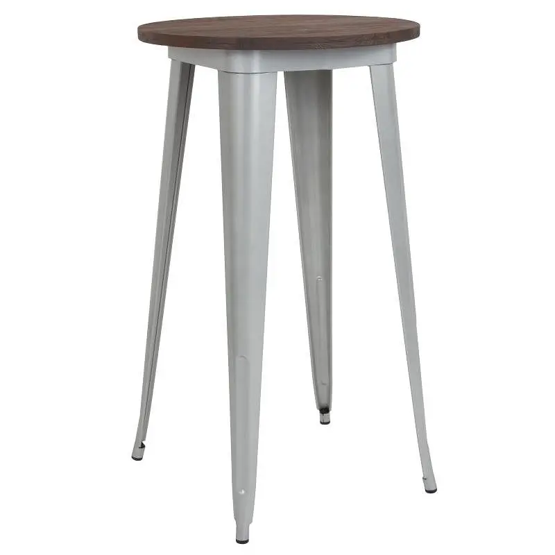 Flash Tough Furniture James 24" Round Silver Metal Indoor Bar Height Table Walnut Rustic Wood Top, CH-51080-40M1-SIL-...