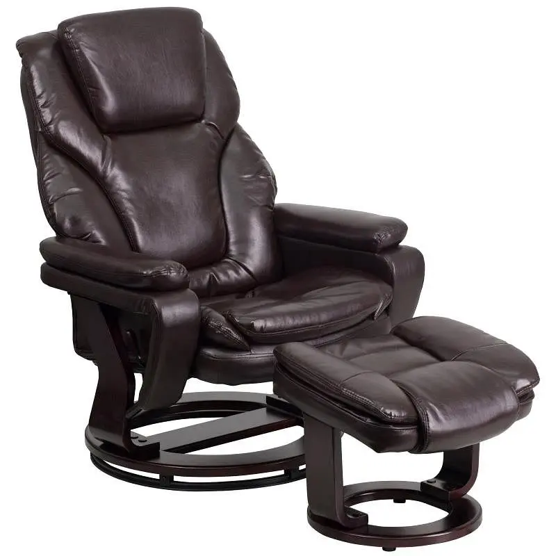 Flash Trusted Furniture Austin Contemporary Multi-Position Recliner and Ottoman Swivel Mahogany Wood Base Walnut LeatherSo...