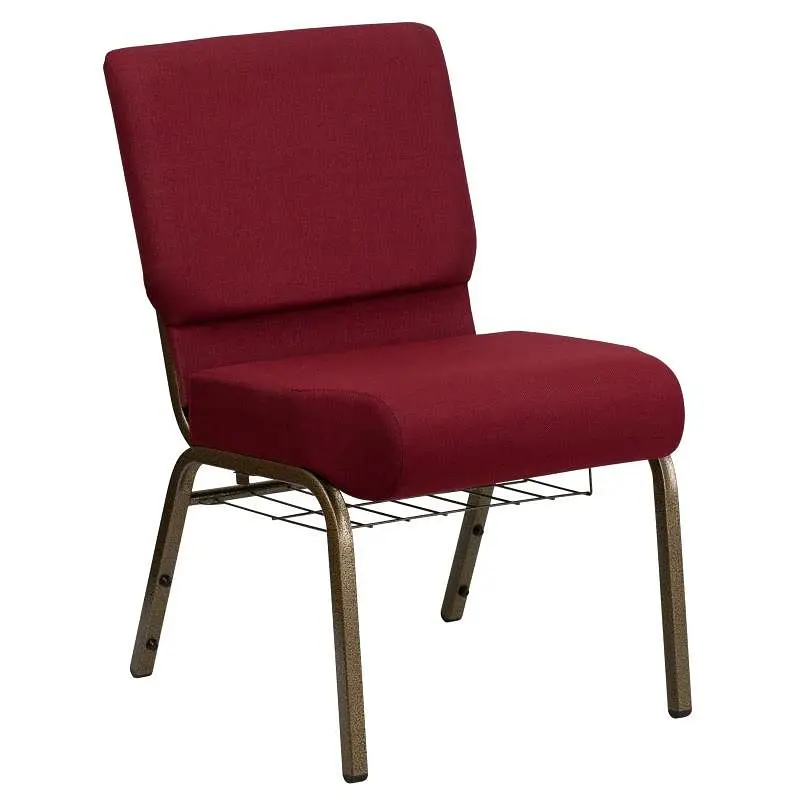 Flash Trusted Furniture HERCULES Series 21''W Church Chair Burgundy Fabric Cup Book Rack - Gold Vein Frame, FD-C...