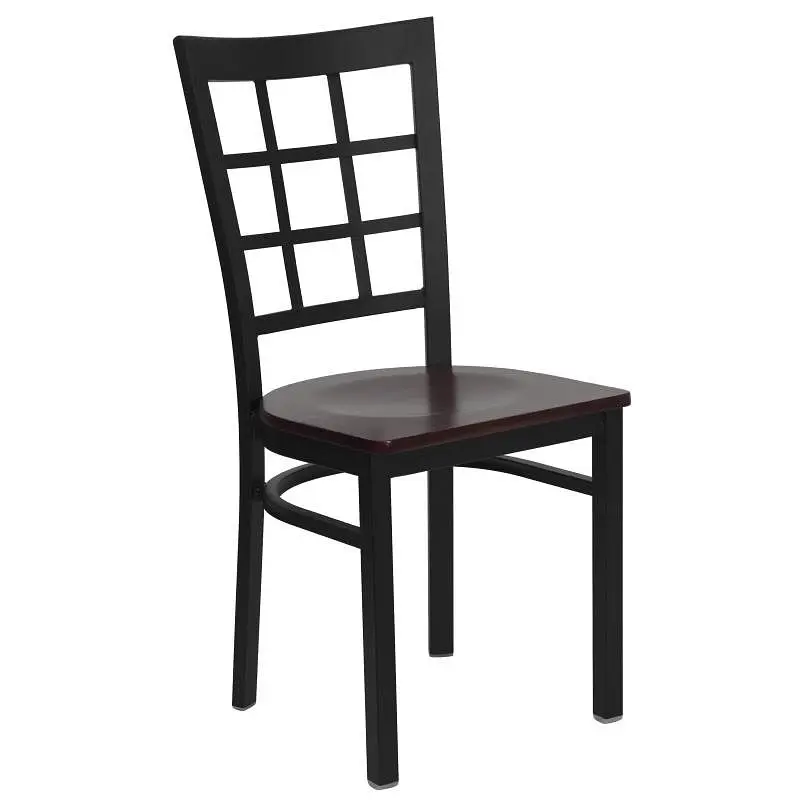 Flash Unique Furniture HERCULES Series Midnight Black Window Back Metal Restaurant Chair - Mahogany Wood Seat, XU-DG6Q3BWI...