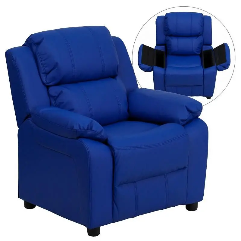 Flash Upgraded Furniture Charlie Deluxe Padded Contemporary Blue Vinyl Kids Recliner Storage Arms, BT-7985-KID-BLUE-GG Fla...