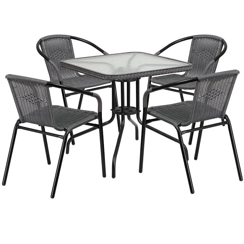 Flash Wear-Resistant Furniture Lila 28'' Square Glass Metal Table Gray Rattan Edging and 4 Gray Rattan Stack Cha...
