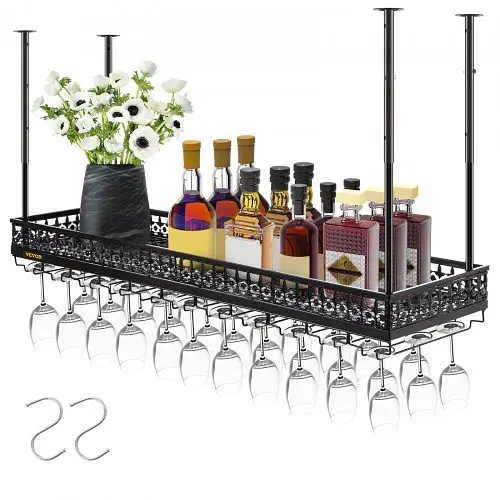 VEVOR Ceiling-Mounted Bar Wine Rack Wine Glass Hanging Rack 46.9x13in Black, XGSJJH47.2X13SBMRV0