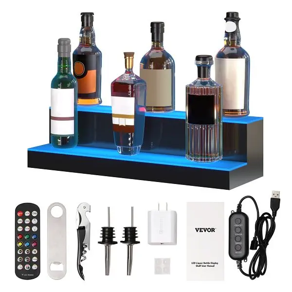 VEVOR LED Lighted Liquor Container Presentation Bar Shelf RF & App Regulation 24" 2-Step, ZTXJPLED224RFPAU8V1