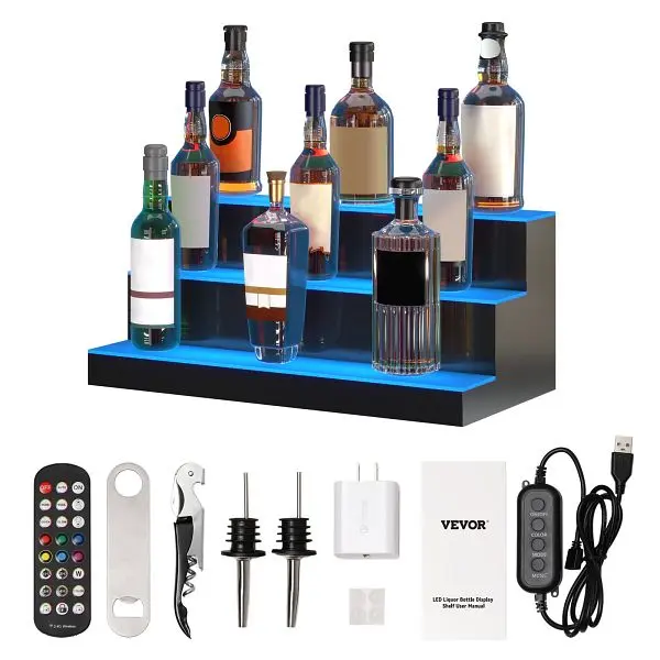 VEVOR LED Lighted Liquor Container Presentation Bar Shelf RF & App Regulation 24" 3-Step, ZTXJPLED324RFDT96V1