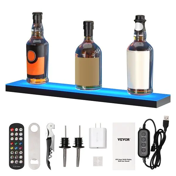 VEVOR LED Lighted Liquor Flask Presentation Bar Shelf RF & App Regulation 24" 1-Step, ZTXJPLED124RF90SBV1