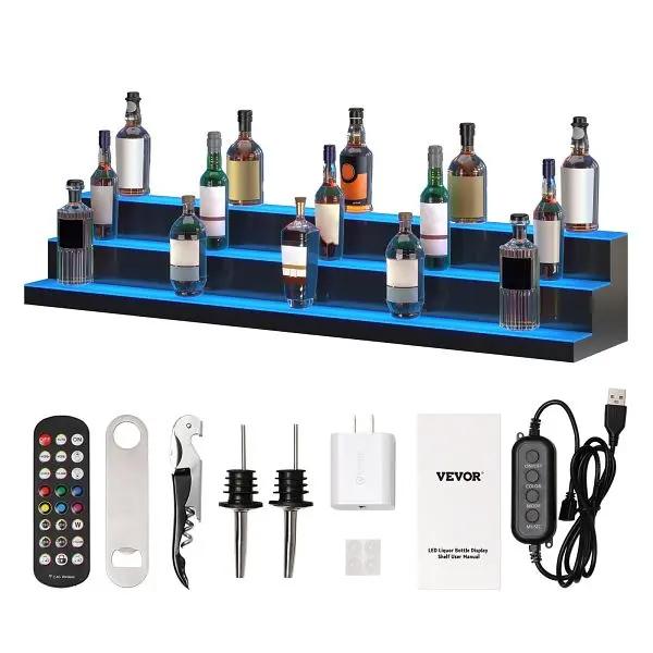 VEVOR Performance LED Lighted Liquor Bottle Presentation Bar Shelf RF & App Regulation 60" 3-Step, ZTXJPLED360RFC...