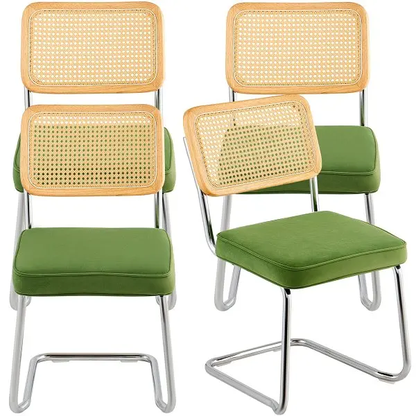 VEVOR Rattan Dining Chairs Set 4, Mid Century Modern Dining Chair, Upholstered Velvet Accent Chair Rattan Back, TBYCYTERLS...