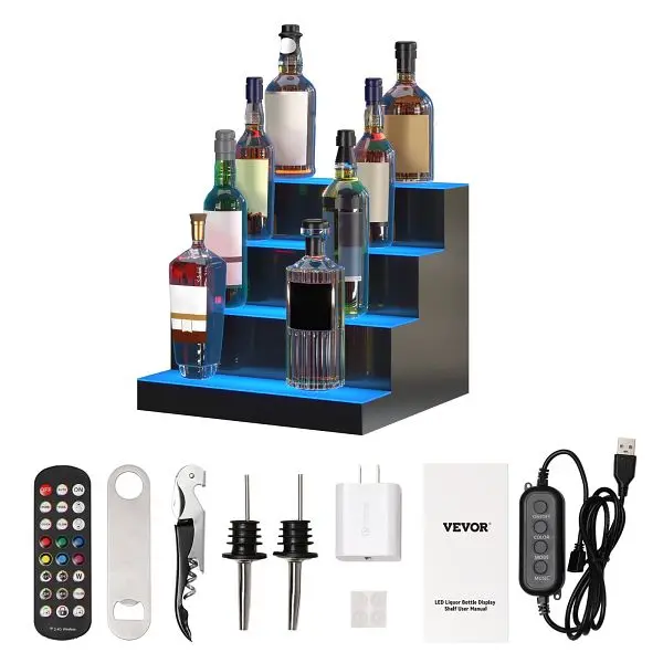 VEVOR Standard LED Lighted Liquor Bottle Presentation Bar Shelf RF & App Regulation 16" 4-Step, ZTXJPLED416RFSVC4V1