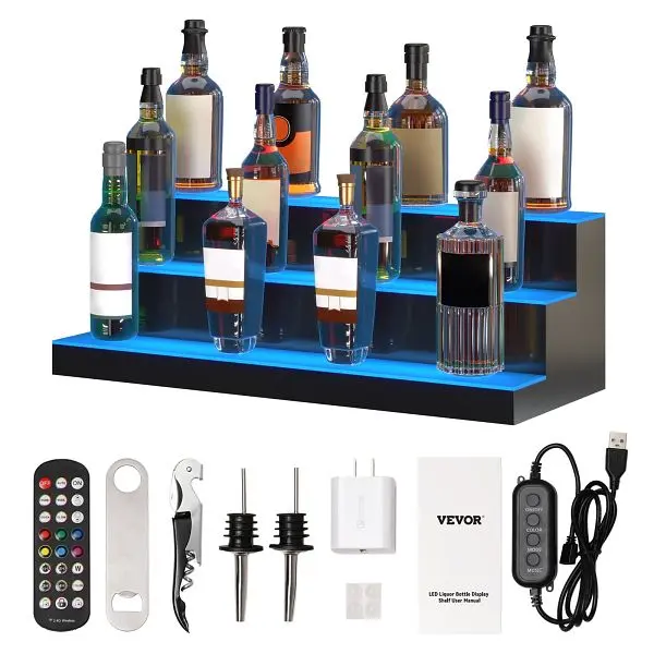 VEVOR Textured LED Lighted Liquor Bottle Presentation Bar Shelf RF & App Regulation 30" 3-Step, ZTXJPLED330RF57F4V1