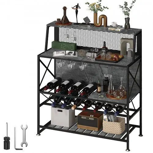 VEVOR Wine Rack Table Bar Cabinet Table Wine Rack & Glass Holder Industrial, Grey, TXBTCWZTMCHSBK80NV0