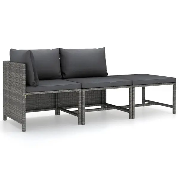 vidaXL Advanced 3 Piece Patio Lounge Set Cushions Poly Rattan Gunmetal, Footstool, 3059751