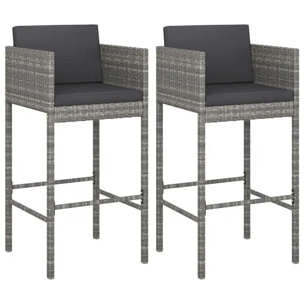 vidaXL Bar Stools 2 pieces Cushions Gray Poly Rattan, 316658