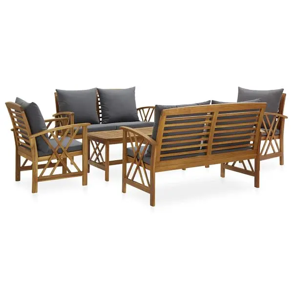 vidaXL Big 5 Piece Patio Lounge Set Cushions Solid Acacia Wood, Grey colored, diagonal design, 3057993