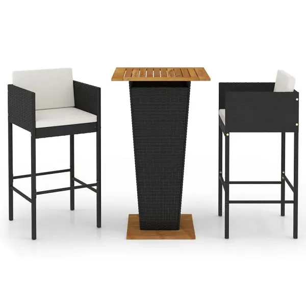vidaXL Commercial-Grade 3 Piece Patio Bar Set Cushions Poly Rattan Black, Wooden table, 3094798
