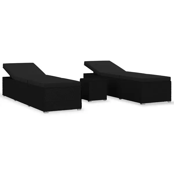 vidaXL Diamond-Pattern 3 Piece Set Patio Sun Loungers Tea Table Poly Rattan Black, 3057666