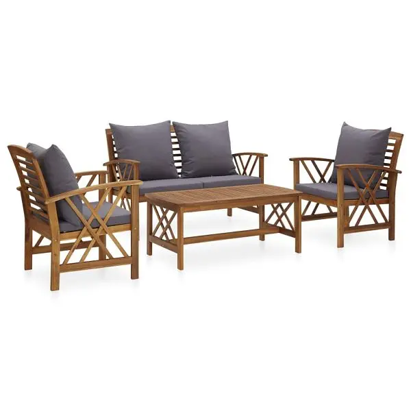vidaXL Durable 4 Piece Patio Lounge Set Cushions Solid Acacia Wood, Gray colored, diagonal design, 3057991