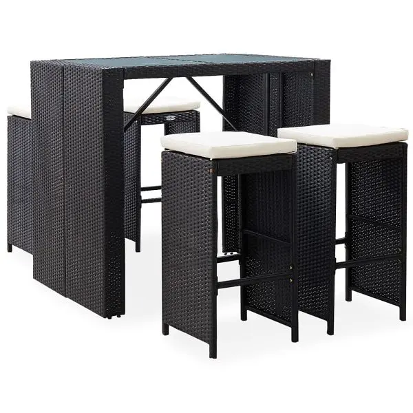 vidaXL Elite 5 Piece Patio Bar Set Poly Rattan and Glass Jet Black, 49568