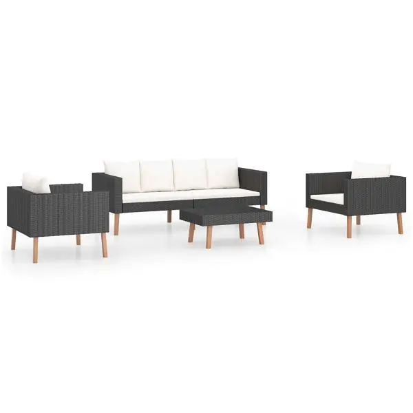 vidaXL Enhanced 4 Piece Patio Lounge Set Cushions Poly Rattan Midnight Black, 1 2-seater and 2 1-seaters, 3059334