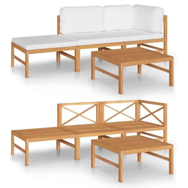 vidaXL Genuine 4 Piece Patio Lounge Set Cream Cushions Solid Teak Wood, 3087250