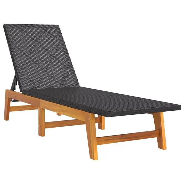 vidaXL Grooved Sun Lounger Black and Brown Poly Rattan and Solid Wood Acacia, 319726