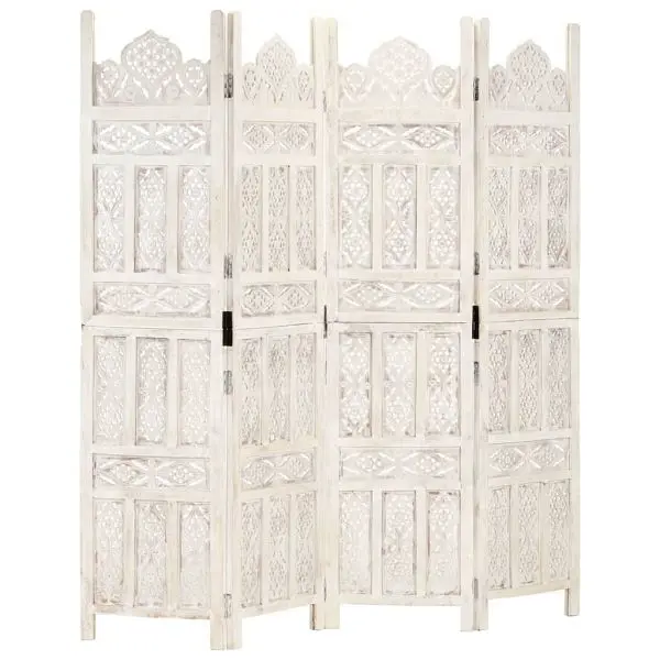 vidaXL Hand carved 4-Panel Room Divider White 63"x65" Solid Mango Wood, 285319