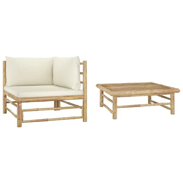 vidaXL Hardened 2 Piece Patio Lounge Set Cream Cream Cushions Bamboo, 313144