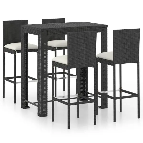 vidaXL Industrial 5 Piece Patio Bar Set Cushions Poly Rattan Black, 3064796