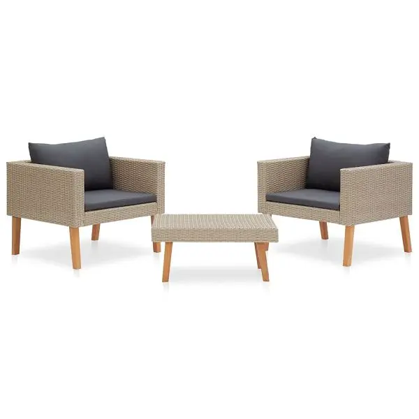vidaXL Large 3 Piece Patio Lounge Set Cushions Poly Rattan Beige, 310217