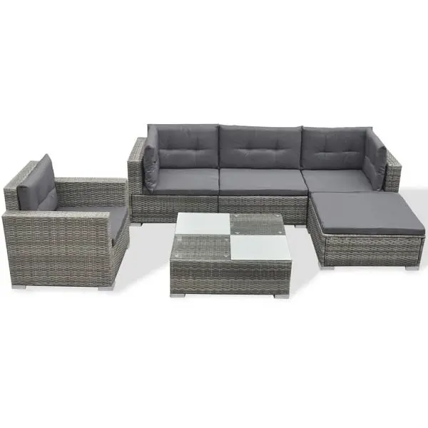 vidaXL Low-Profile 6 Piece Patio Lounge Set Cushions Poly Rattan Gunmetal, tempered glass table top, 42105