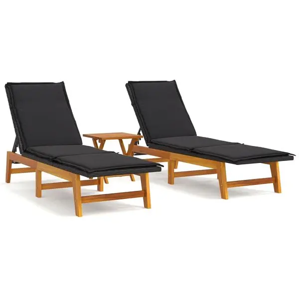 vidaXL Low-Profile 3 Piece Patio Lounge Set Poly Rattan&Solid Wood Acacia, Ebony colored, 3154401