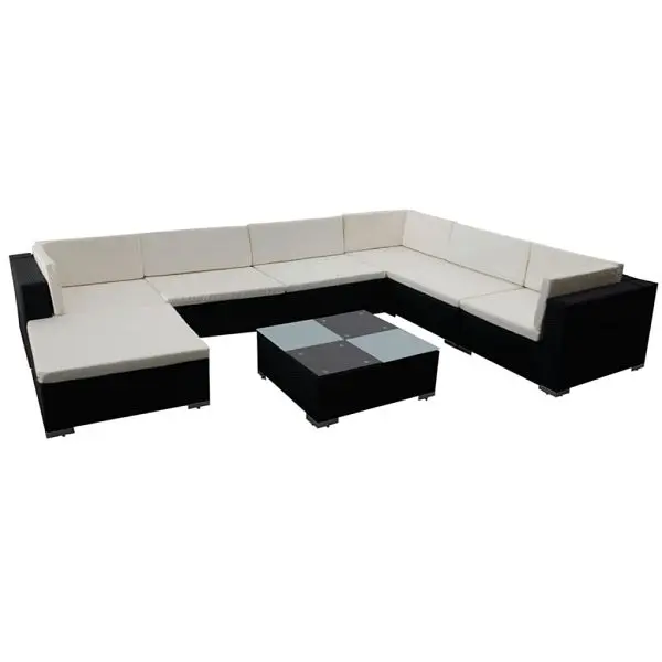 vidaXL Low-VOC 8 Piece Patio Lounge Set Cushions Poly Rattan Black, White Cushion, 42090