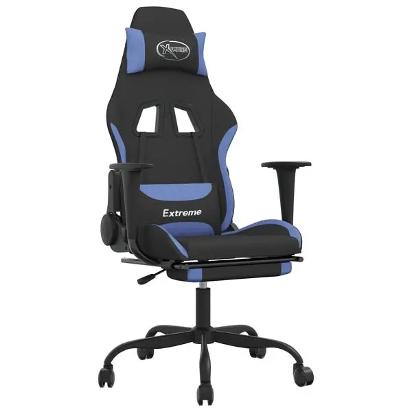 vidaXL Massage Gaming Chair Footrest Black and Blue Fabric, 345487