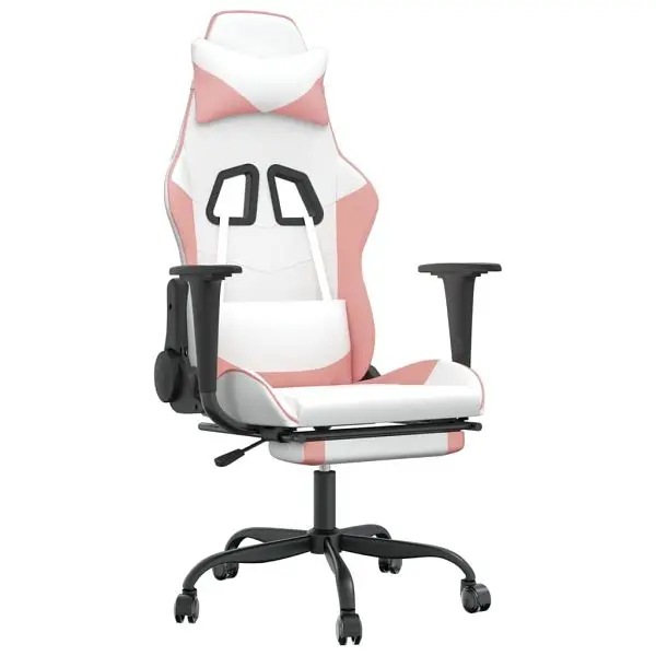 vidaXL Massage Gaming Chair Footrest Ivory&Roll Pink Faux Leather, 345420