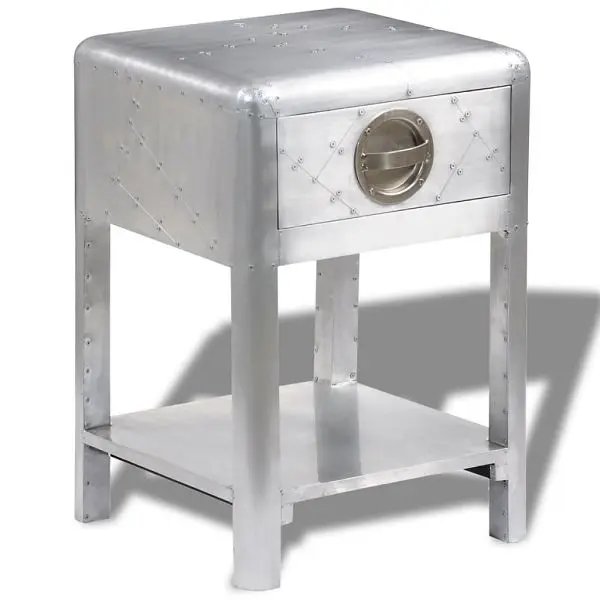 vidaXL Master-Grade Aviator End Table 1 Drawer Vintage Aircraft Airman Style, Silver colored, 242115