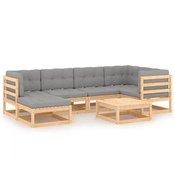 vidaXL Non-Toxic 7 Piece Patio Lounge Set Cushions Solid Wood Pine, Gray colored, 3076739