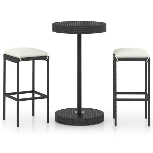 vidaXL 3 Piece Patio Bar Set Cushions Poly Rattan Jet Black, no supportrest, round table, 3064759