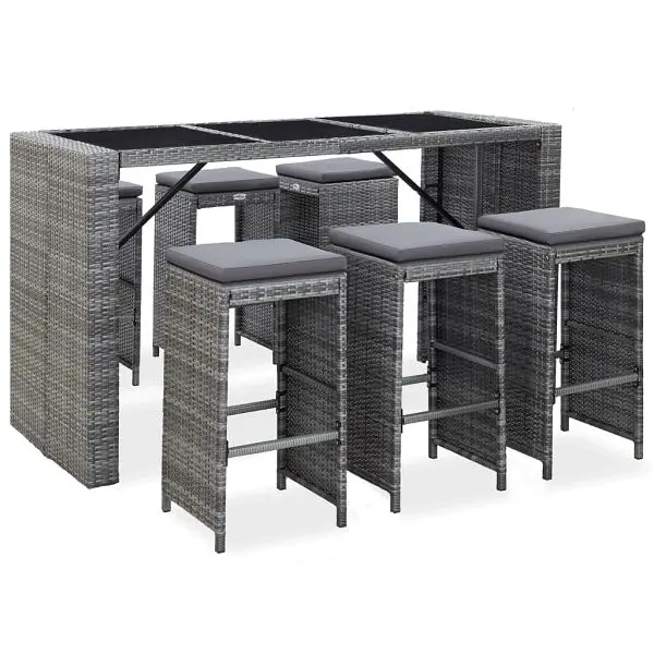 vidaXL 7 Piece Patio Bar Set Cushions Poly Rattan Metallic Silver Gray, Frosted tempered glass tabletop, 49561
