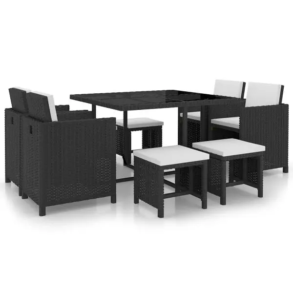vidaXL 9 Piece Patio Dining Set Cushions Poly Rattan Black, glass tabletop, 42522