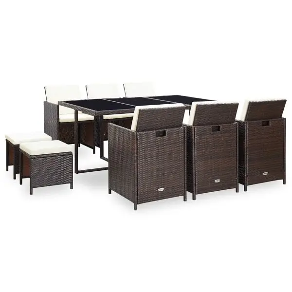 vidaXL 11 Piece Patio Dining Set Cushions Poly Rattan Brown, 42527