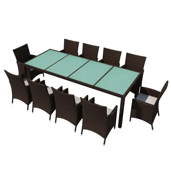 vidaXL 11 Piece Patio Dining Set Cushions Poly Rattan Walnut, glass tabletop, 42569