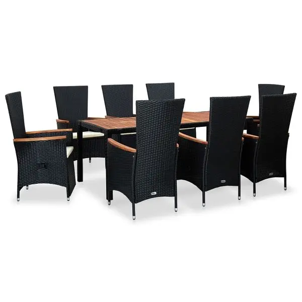 vidaXL 9 Piece Patio Dining Set Cushions Poly Rattan Ebony, 47682