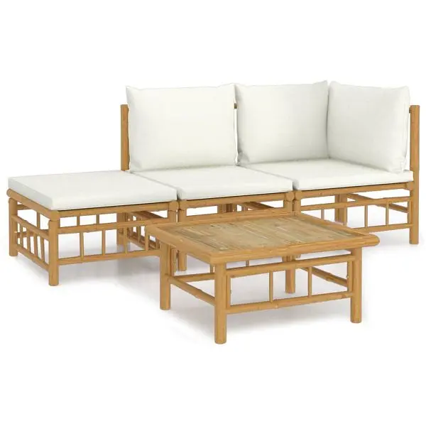 vidaXL 4 Piece Patio Lounge Set Cream White Cushions Bamboo, Brown colored, 3155176