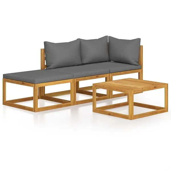 vidaXL 4 Piece Patio Lounge Set Cushion Solid Acacia Wood, Grey colored, seperate footpiece, 3057628