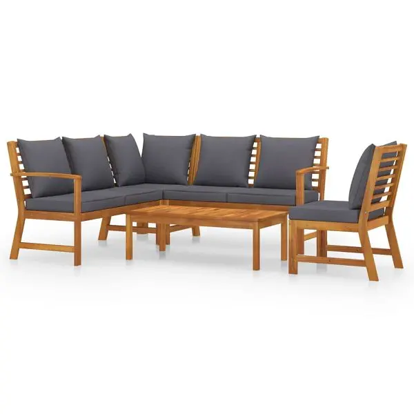 vidaXL 5 Piece Patio Lounge Set Cushion Solid Acacia Wood single seat, Chrome Silver Gray colored, 3057777